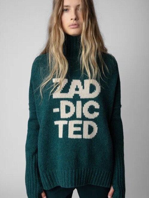 Zadig & Voltaire Teal & Cream Oversized Alma We Zaddicted Jumper - Size - Small